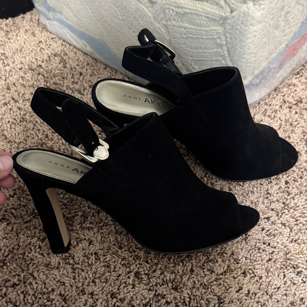 Anne Klein Black Suede Heeled Mules